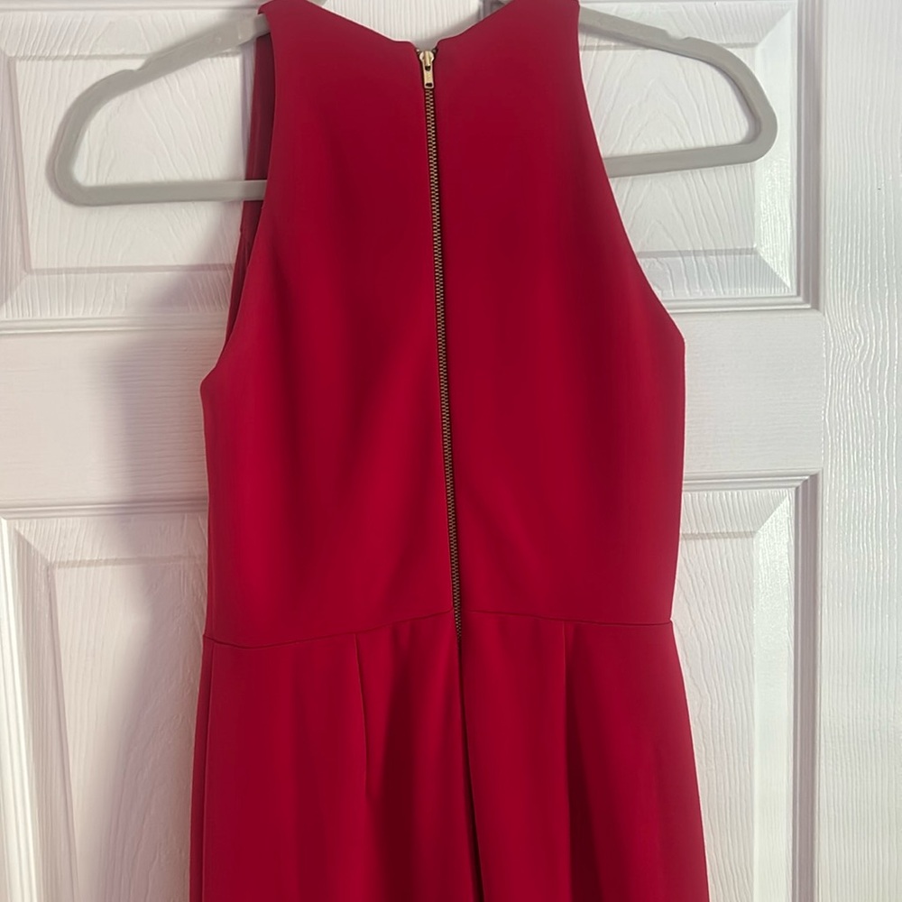Betsy & Adam Red Asymmetrical Ruffled Halter Gown - Picture 5 of 9